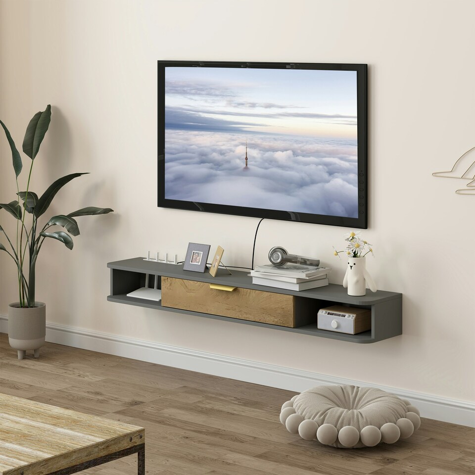 image 1 of HOMCOM 140 cm Floating TV Unit with Storage Entertainment Media Console Grey | Multi | 1