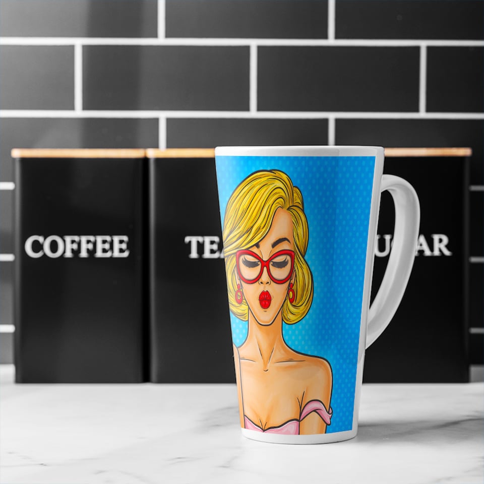image 1 of Pop art illustration woman paints her lips Designer Latte Mug