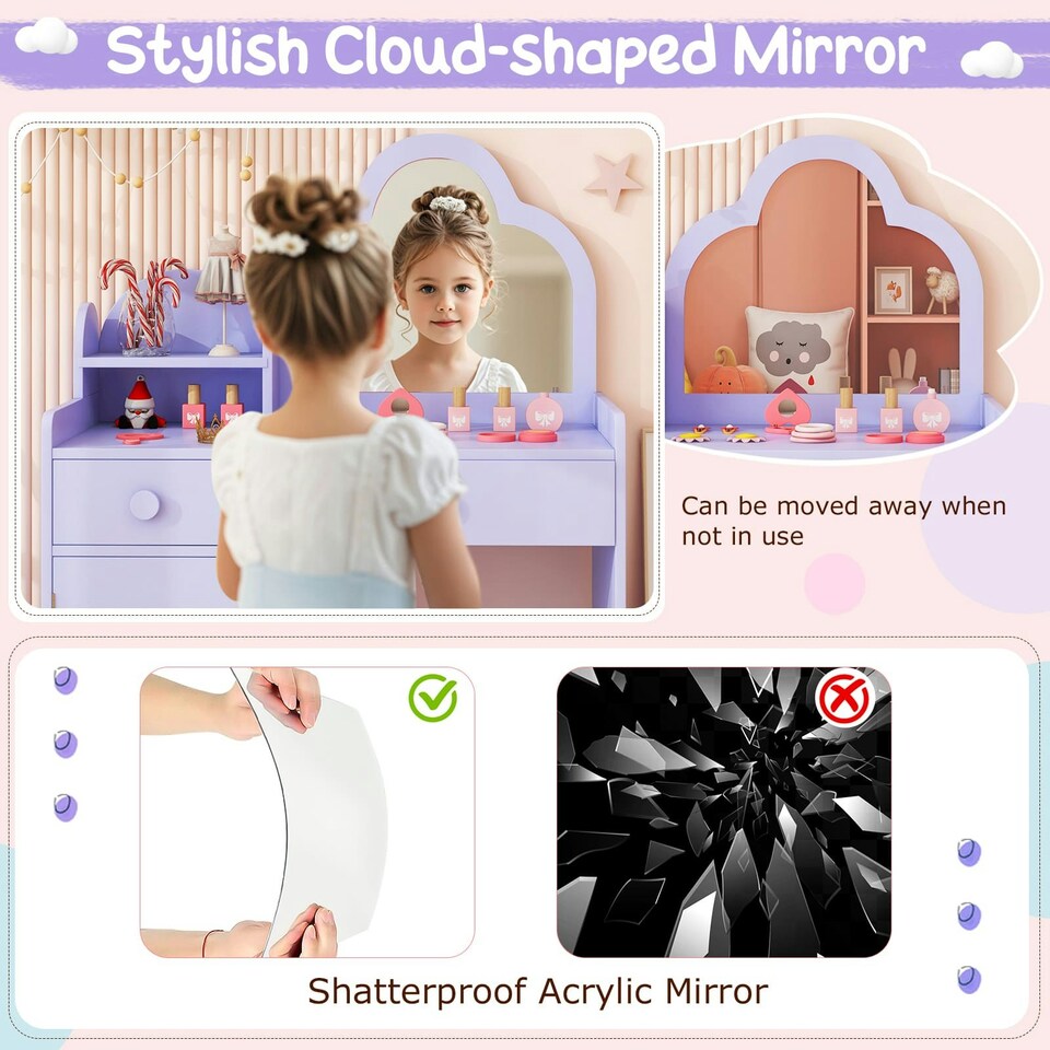 image 1 of COSTWAY Kids Vanity Table and Chair Set w/Mirror Purple