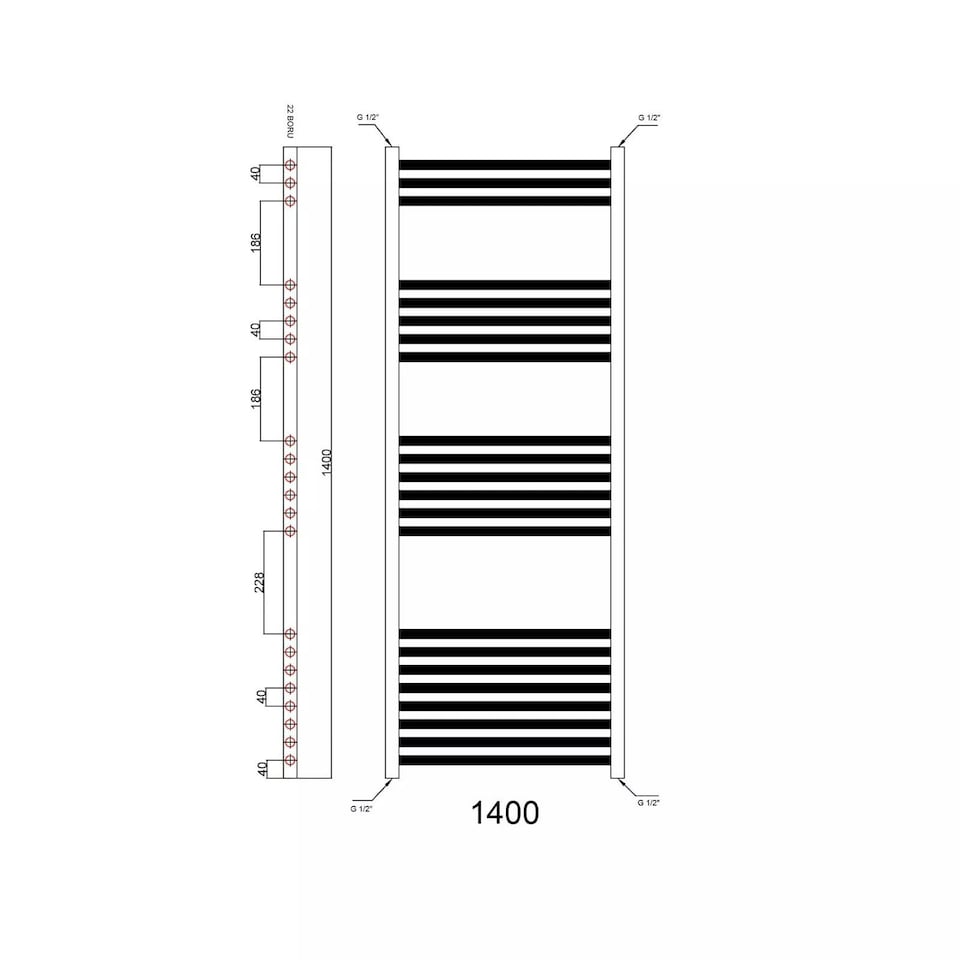 image 1 of Matt Black 1400 x 600mm Heated Bathroom Towel Rail Warmer Ladder Radiator with Straight Manual Valves Pair