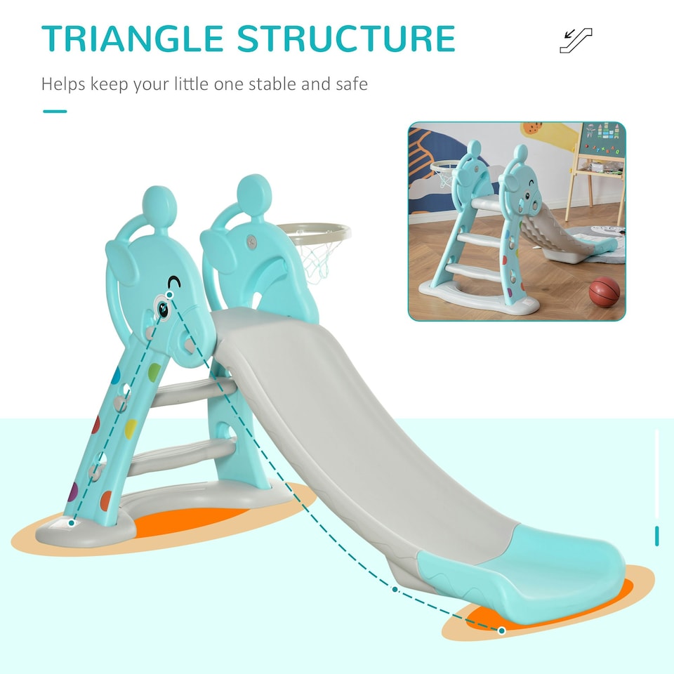 image 1 of HOMCOM 2 in 1 Kids Slide with Basketball Hoop 18 months -4 Years Old Deer Blue