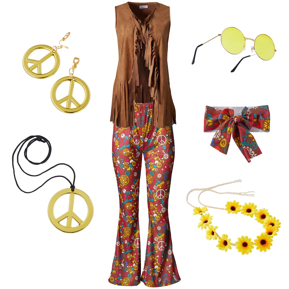 image 1 of Womens Fancy Dress Costume - Hippie Waistcoat, Trousers and Accessories | Multi | colourful | 1