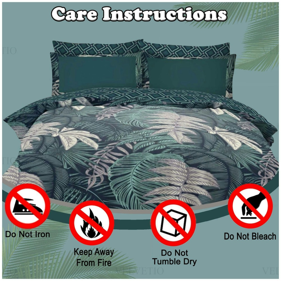 image 1 of VELVETIO Palms Complete Duvet Cover Set with Fitted Sheet Breathable Bedding Quilt Green | Double