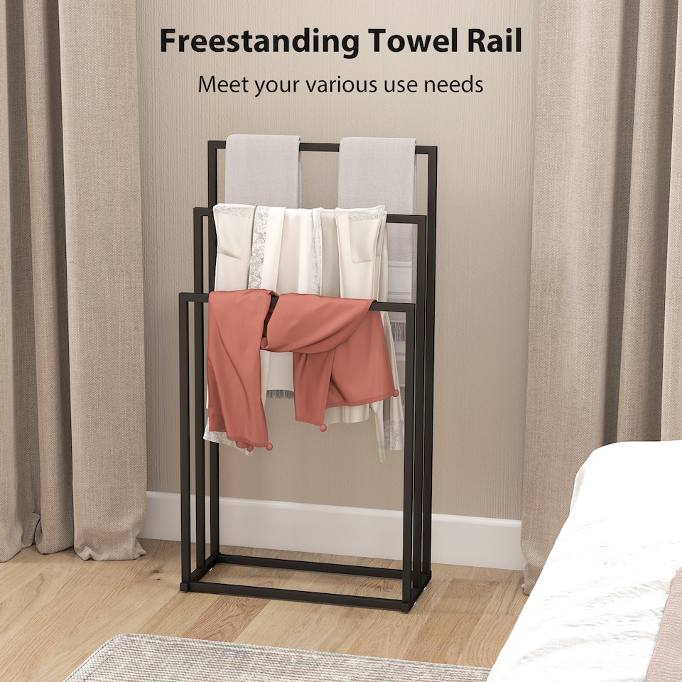 image 1 of HOMCOM Freestanding Towel Rack, Steel Towel Rail Holder with 3 Bars, Black