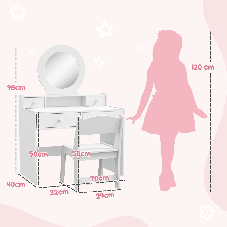 image 1 of AIYAPLAY Kids Dressing Table Set w/ Stool, Mirror, Drawers - White White