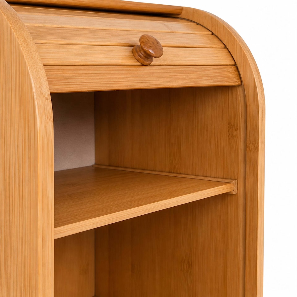 image 1 of Double Layer Roll Top Bamboo Wooden Bread Bin Kitchen Storage | Brown