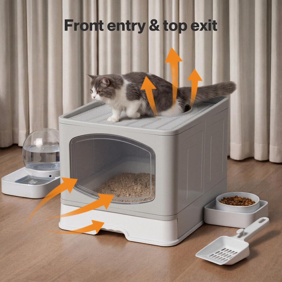 image 1 of Skylos Cat Litter Box Foldable Entry Top Exit Anti Tracking Cat Litter Tray