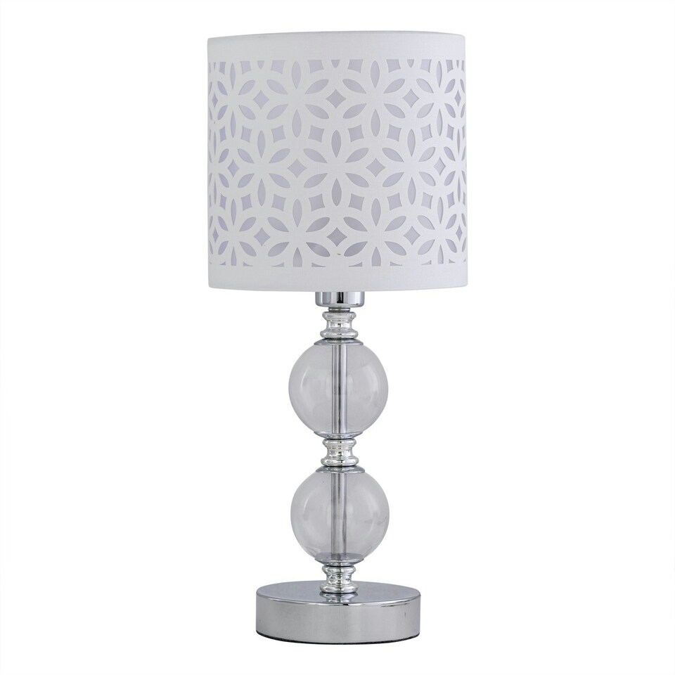 image 1 of First Choice Lighting Set of 2 Chrome Two Ball Table Lamps with White Cut Out Shades Chrome | White