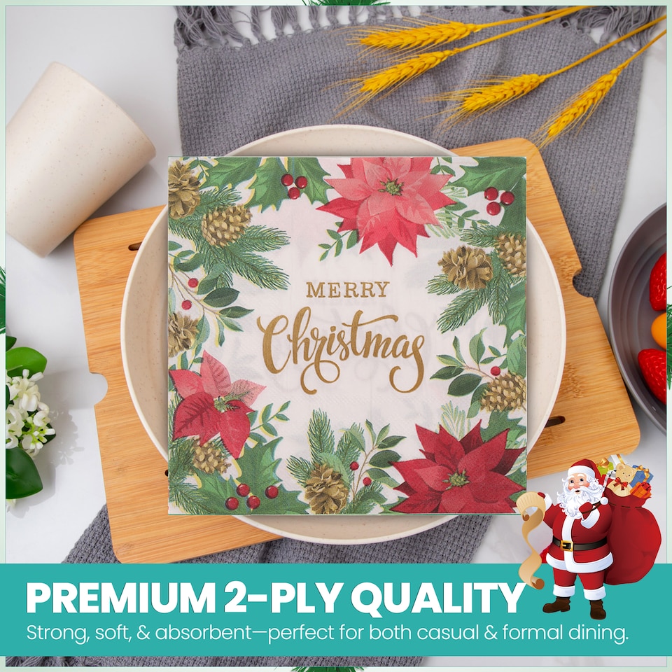 image 1 of Trimming Shop 33 x 33cm Poinsettia Leaf  2 Ply Holiday Serviettes - 20pcs