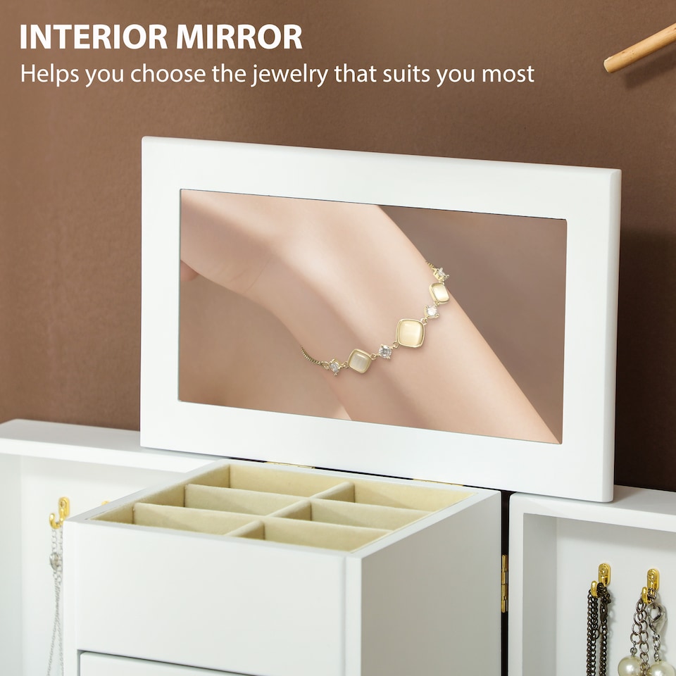 image 1 of HOMCOM 4-Tier Large Jewellery Box with Mirror and 3 Drawers, White