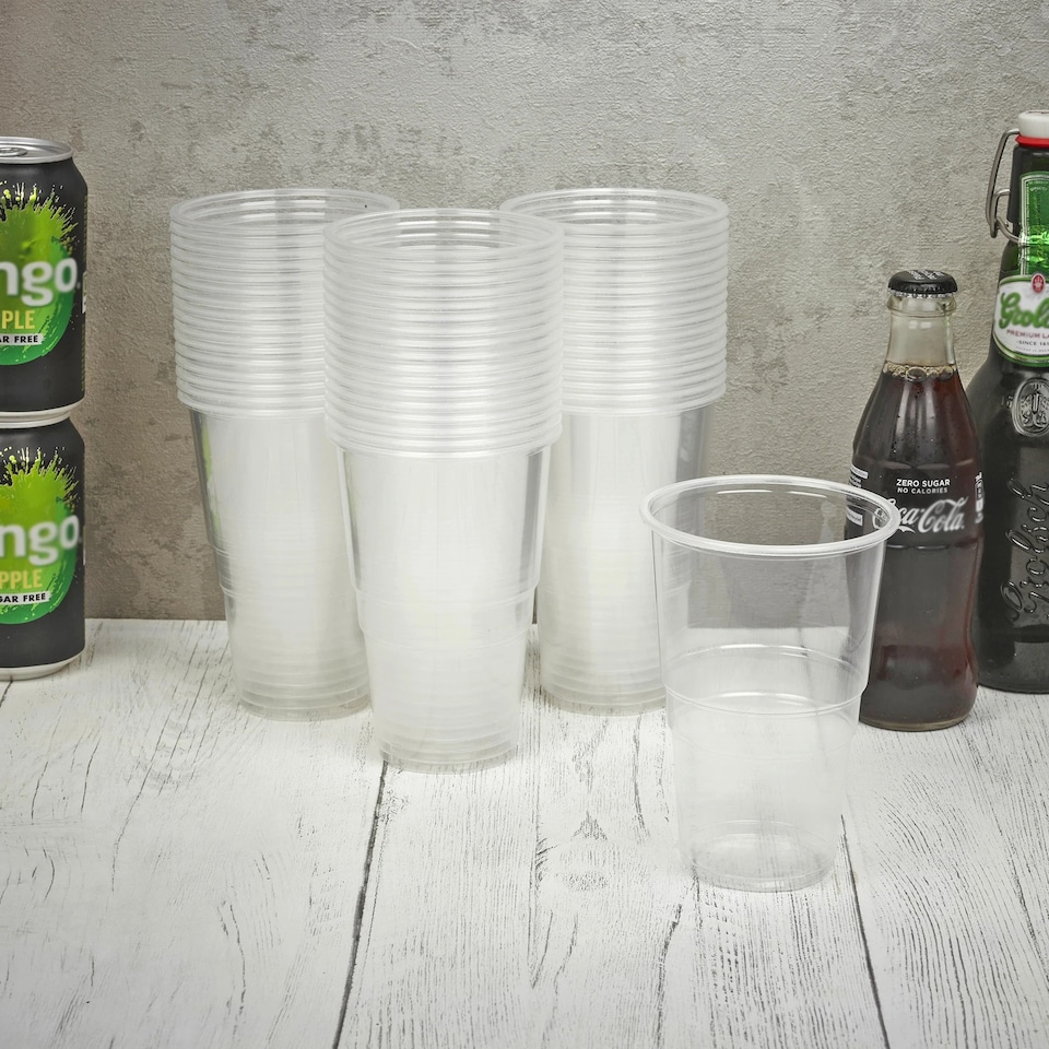 image 1 of 568ml Clear Strong Plastic Full Pint Glasses Disposable Reusable Party Cups | Clear | Clear | 50 Cups