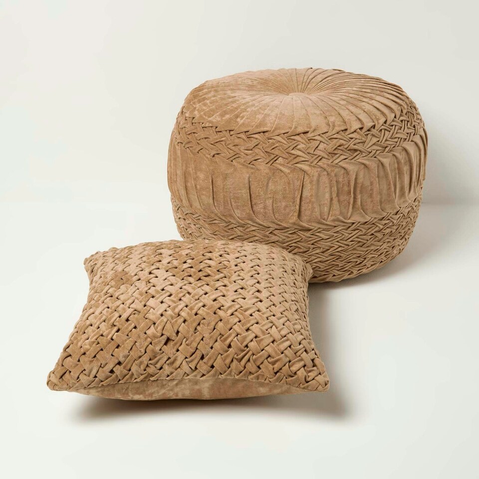 image 1 of Homescapes Sofia Pleated Velvet Taupe Pouffe
