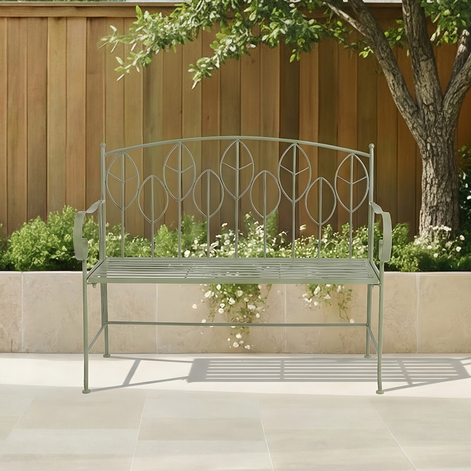 image 1 of Charles Bentley Rustic Metal Garden Bench - Leaf Design | Green | Green