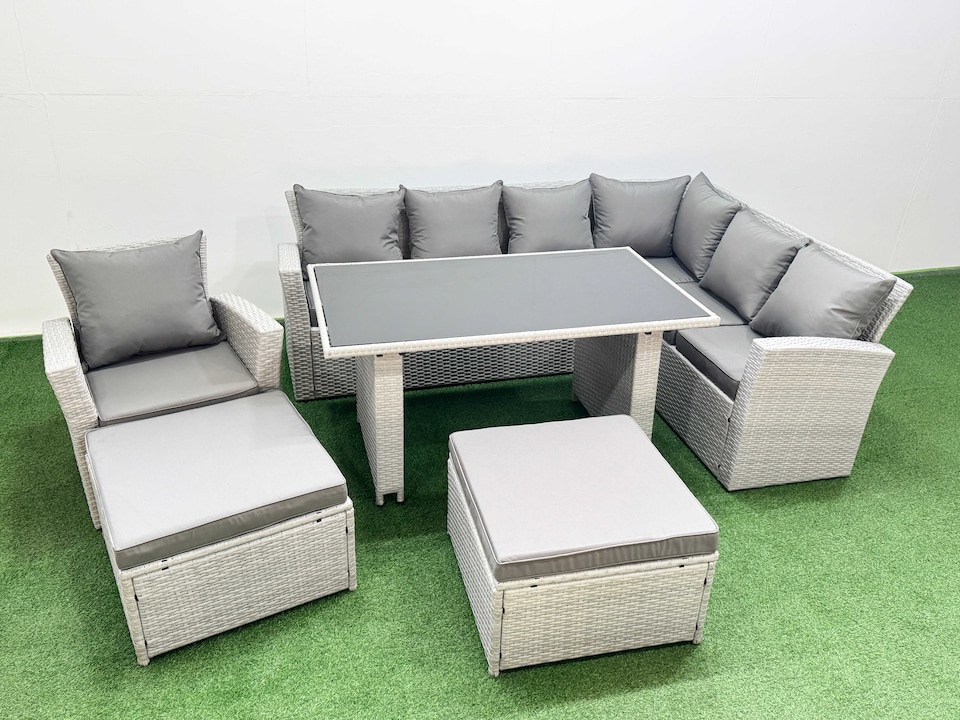 image 1 of Fimous Outdoor Garden Furniture Sets 9 Seater Wicker Rattan Corner Sofa Sets with Rectangular Dining Table Lounge Sofa 2 Big Footstools Armchair Light Grey