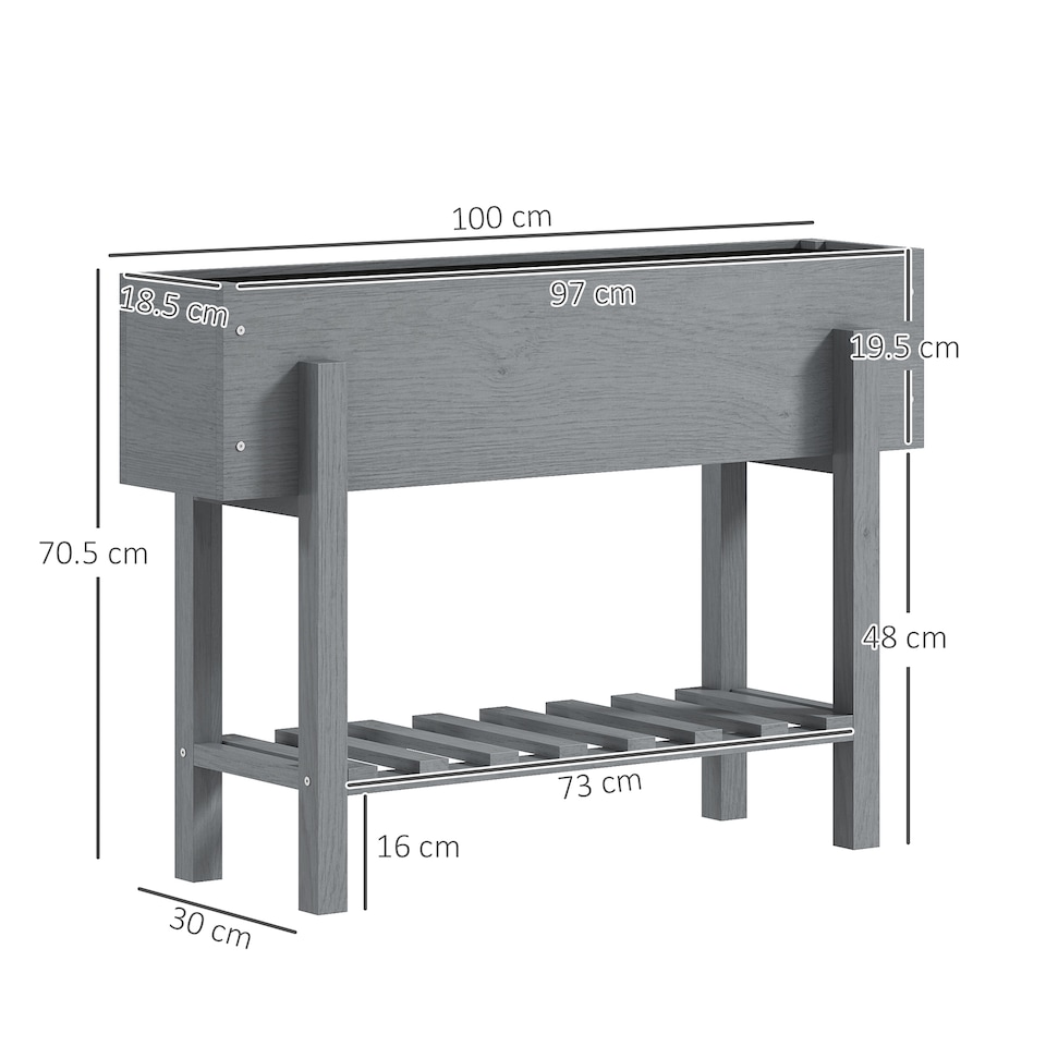 image 1 of Outsunny Wooden Raised Bed w/ Bed Liner, Drainage Holes, Storage Shelf, Grey
