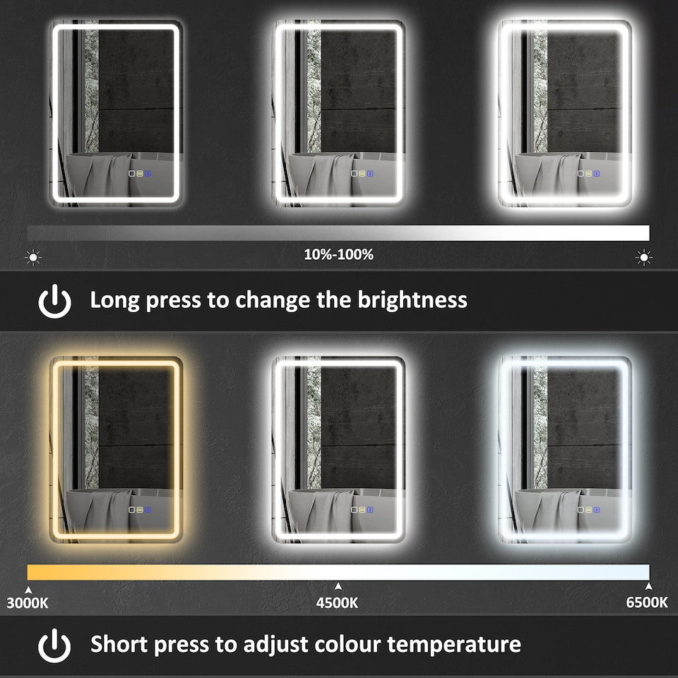 image 1 of HOMCOM 500 x 700 mm Bluetooth Bathroom Mirror with LED Lights, Illuminated Backlit Wall Mounted Vanity Mirror with 3 Colours Dimmable, Anti-Fog, Memory & Touch Switch, IP44