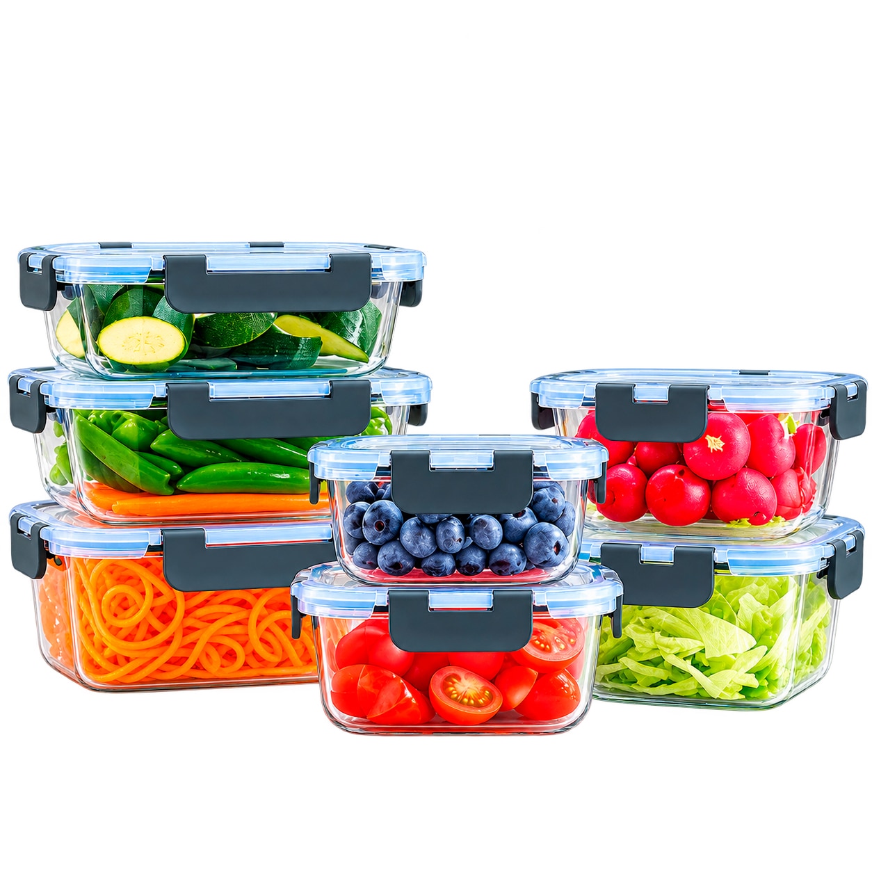Neo 7 Containers & 7 Lids Glass Food Storage Containers Set with Snap Locking Lids Meal Prep Airtight Lunch Box Microwave Oven Freezer and Dishwasher Friendly - 7 Piece