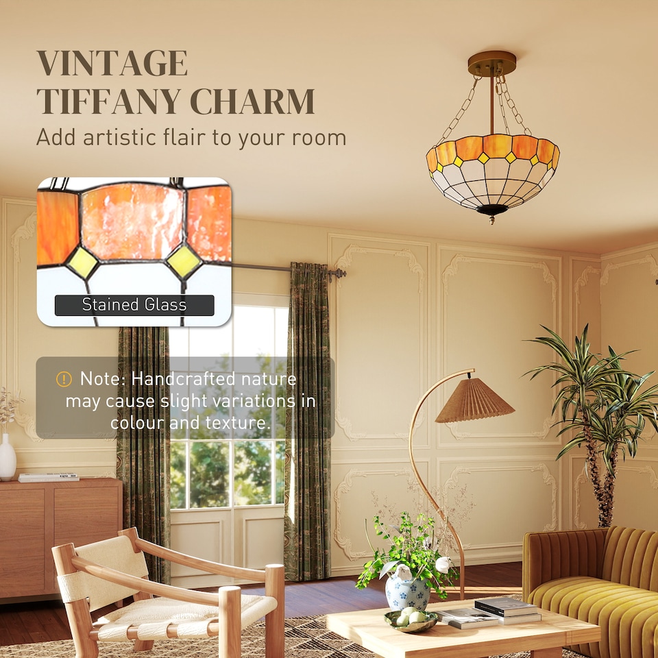 image 1 of HOMCOM Tiffany Style Ceiling Light, Vintage Chandelier with 3 E27 Sockets | Orange