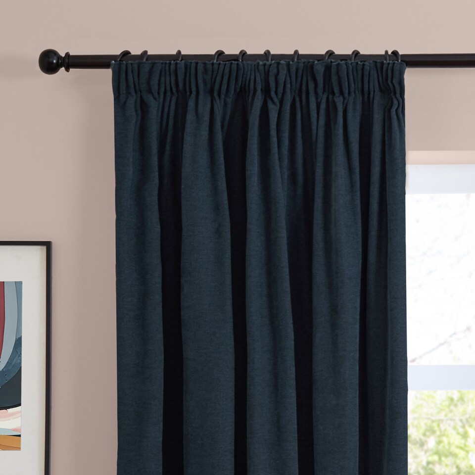 image 1 of Furn Soft Chenille Blackout Pencil Pleat Curtain Pair, 229cm width x 183cm drop | Blue | Navy | 1