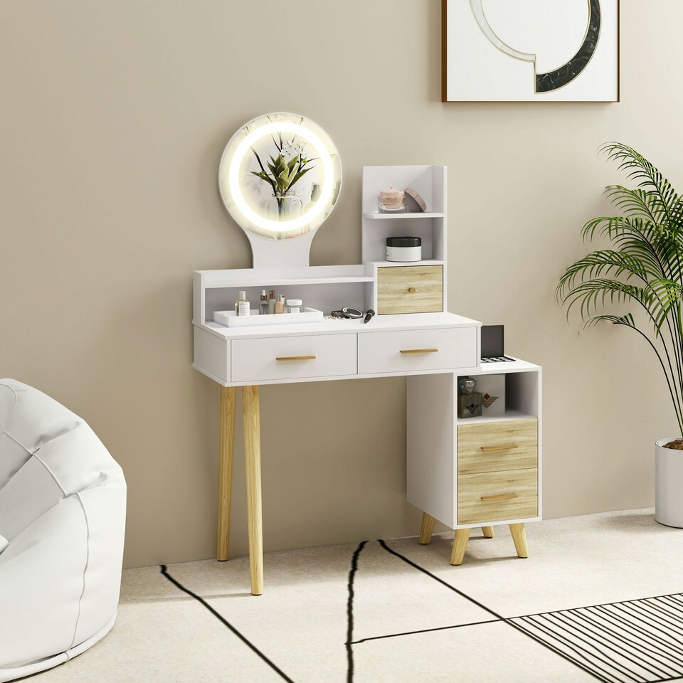 image 1 of HOMCOM Dressing Table with Mirror, Vanity Table with LED Lights, White