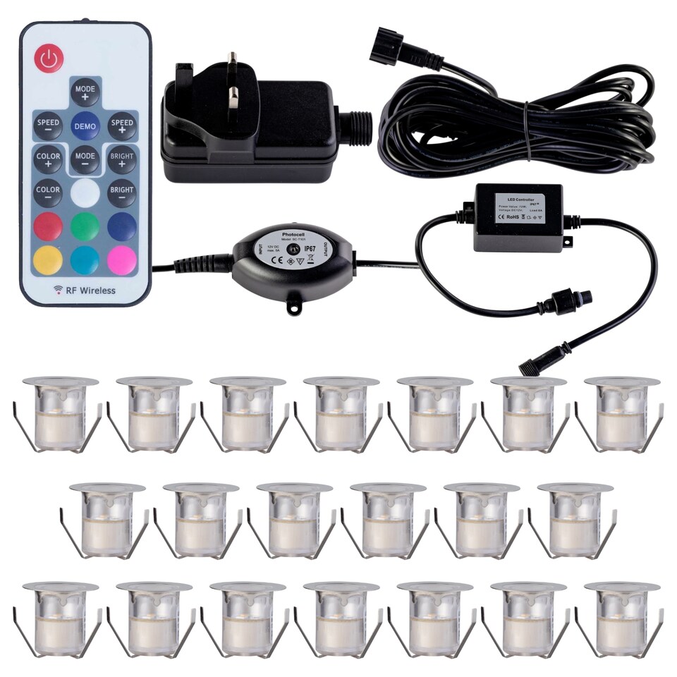 image 1 of Set of 20 - 30mm IP67 Colour Changing LED Decking Kit with Photocell | Chrome | Clear | 20