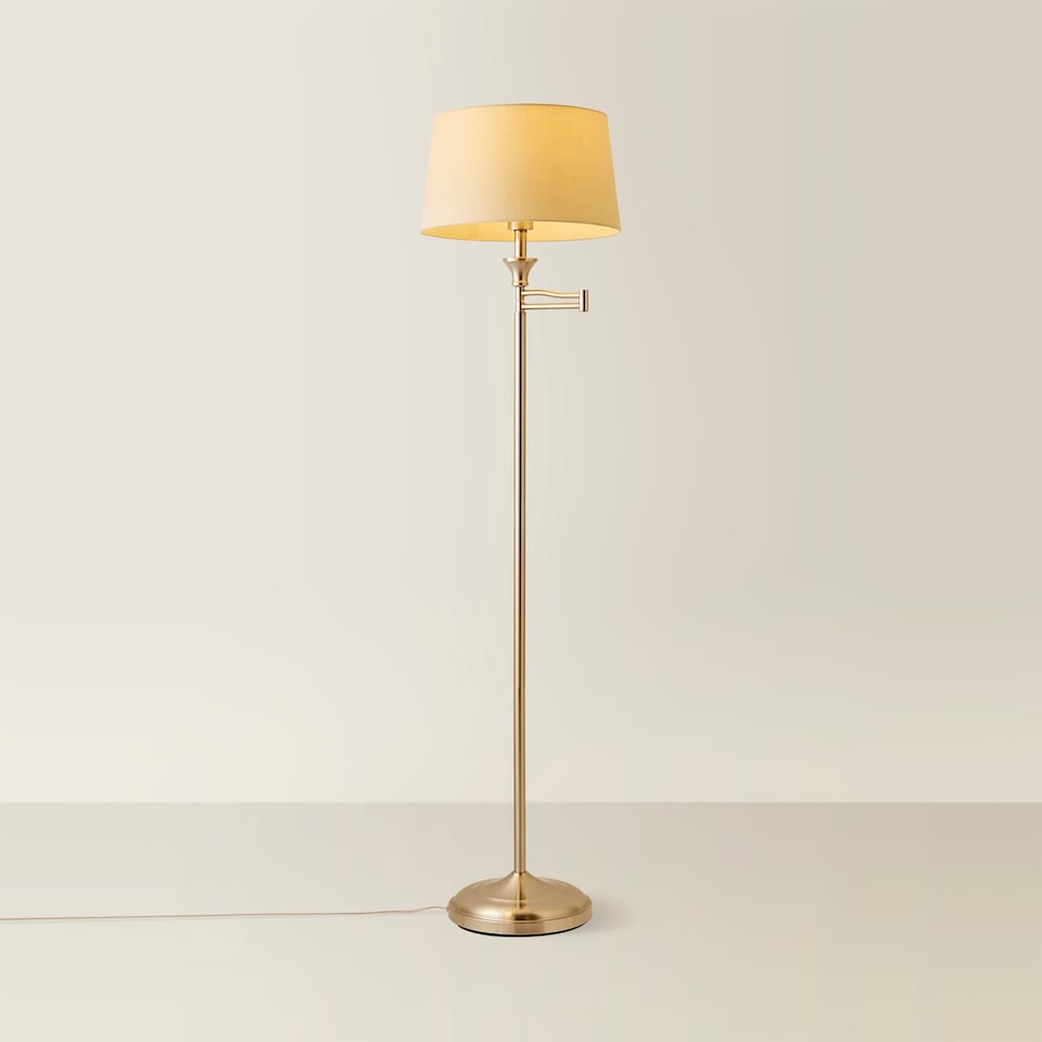 image 1 of ValueLights Adjustable Swing Arm Floor Lamp In Brushed Chrome Finish With Beige Light Shade