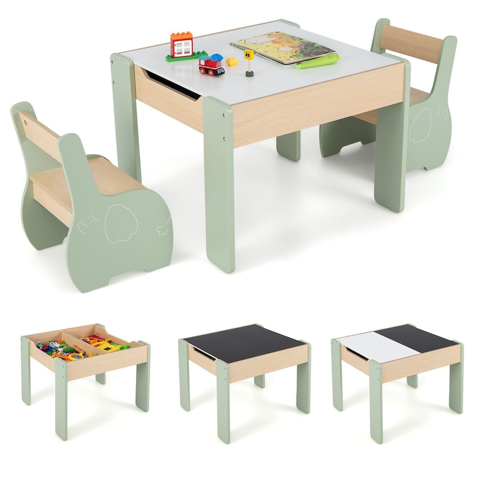 image 1 of COSTWAY Wooden Kids Table and Chair Set with Storage Green