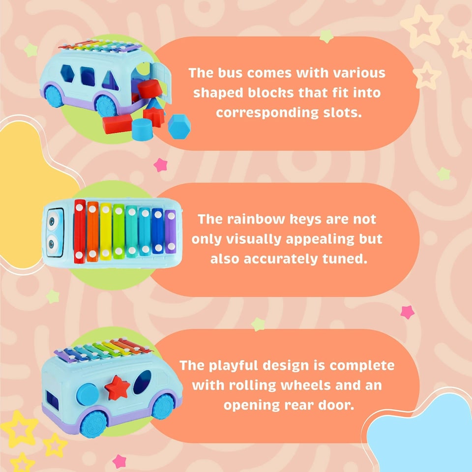 image 1 of Little Star Pull Along Musical Bus Xylophone, Colourful Engaging Shape Sorter for Interactive Musical Development