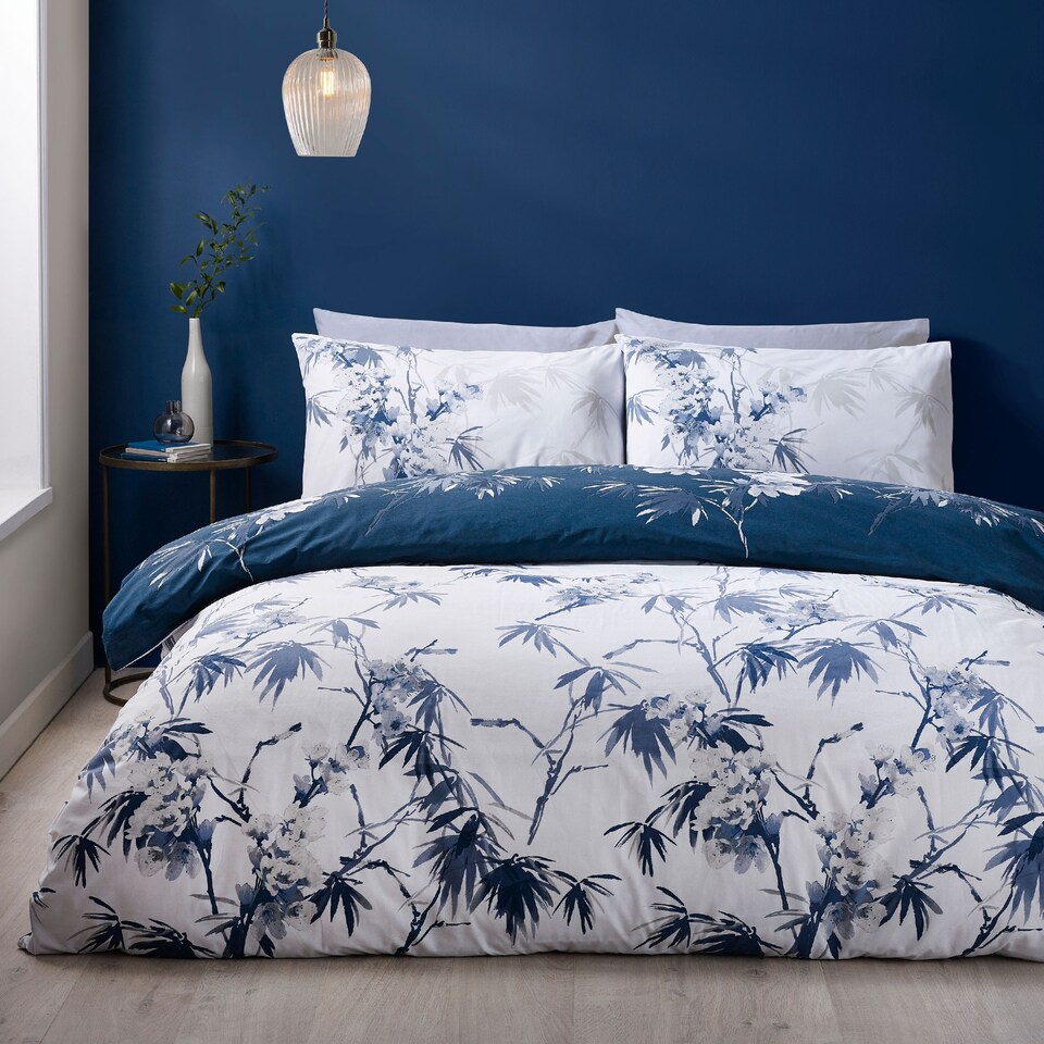 image 1 of Catherine Lansfield Kyoto Floral Reversible Duvet Cover Set | Blue | Super King