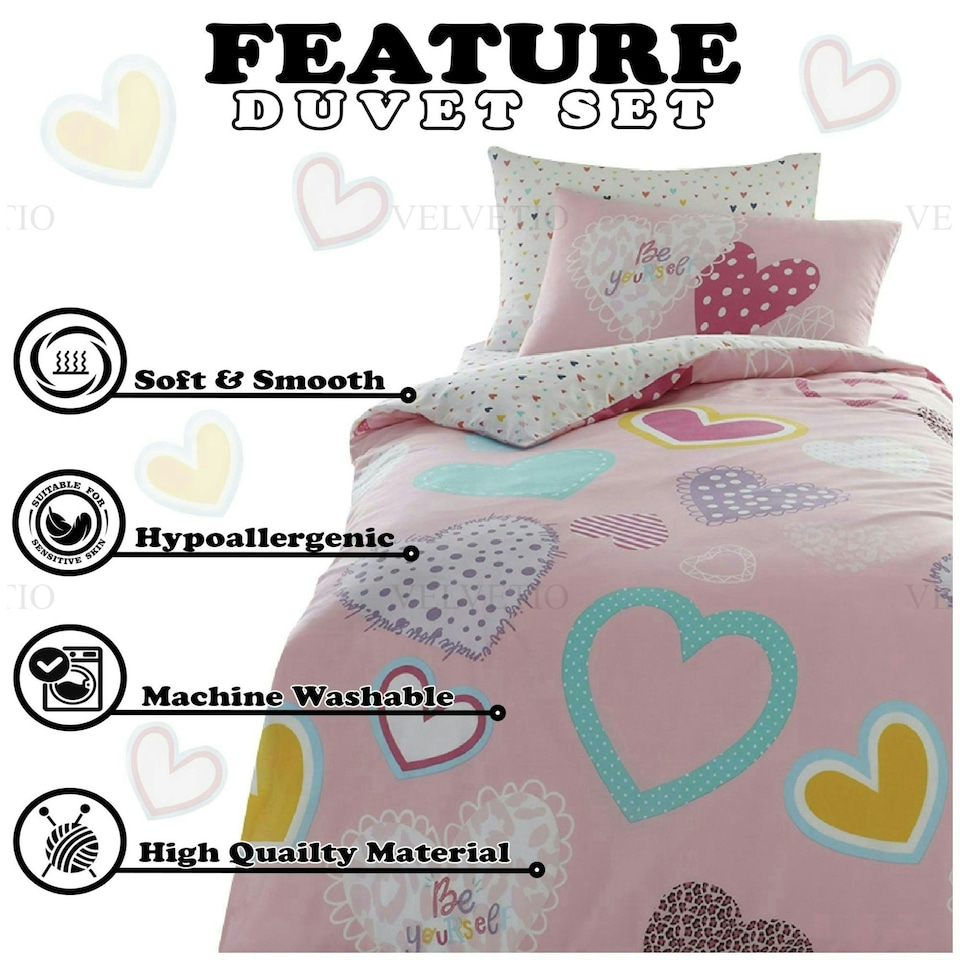 image 1 of VELVETIO Hearts Duvet Cover Set Reversible Polycotton Kids Beddings Pink | Single