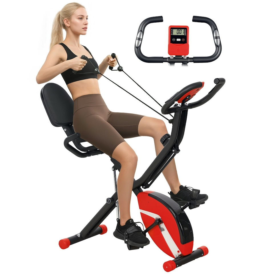 image 1 of SPORTNOW Folding Exercise Bike with Arm Bands and Hand Pulse Sensor, Red