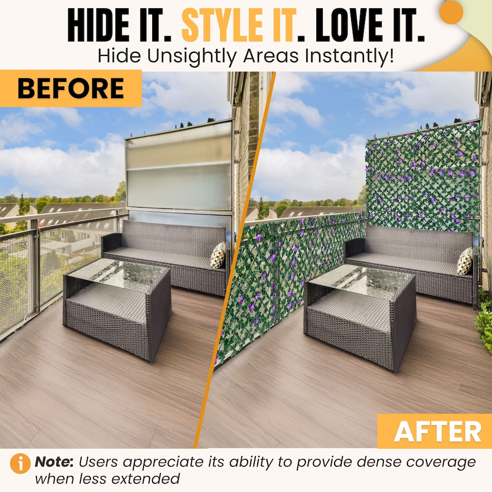 image 1 of Expanding Trellis With Artificial Leaves and Flowers - Ficus Leaf Garden Hedge Balcony Privacy Screening Panel | Green | Green & Purple | M | 1