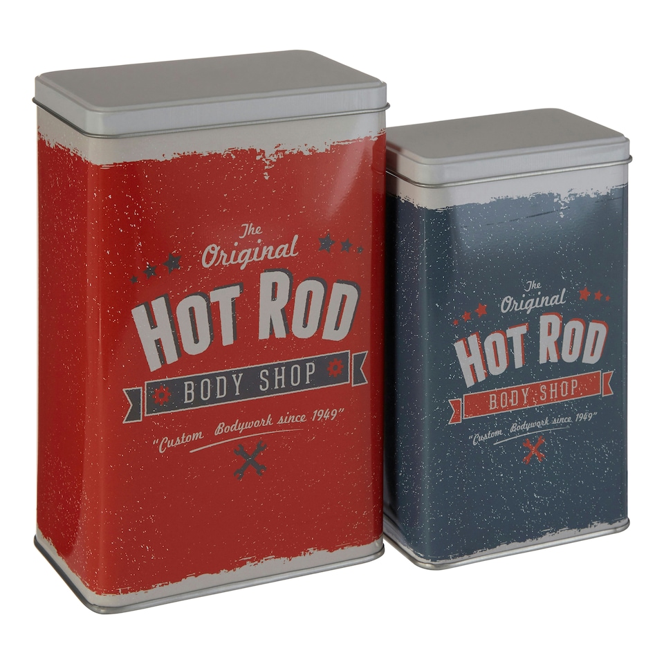 image 1 of Interiors by Premier Set Of 2 Hot Rod Storage Canisters, Retro Metal Tins With Bold Car Print Lids, Durable Storage Solution