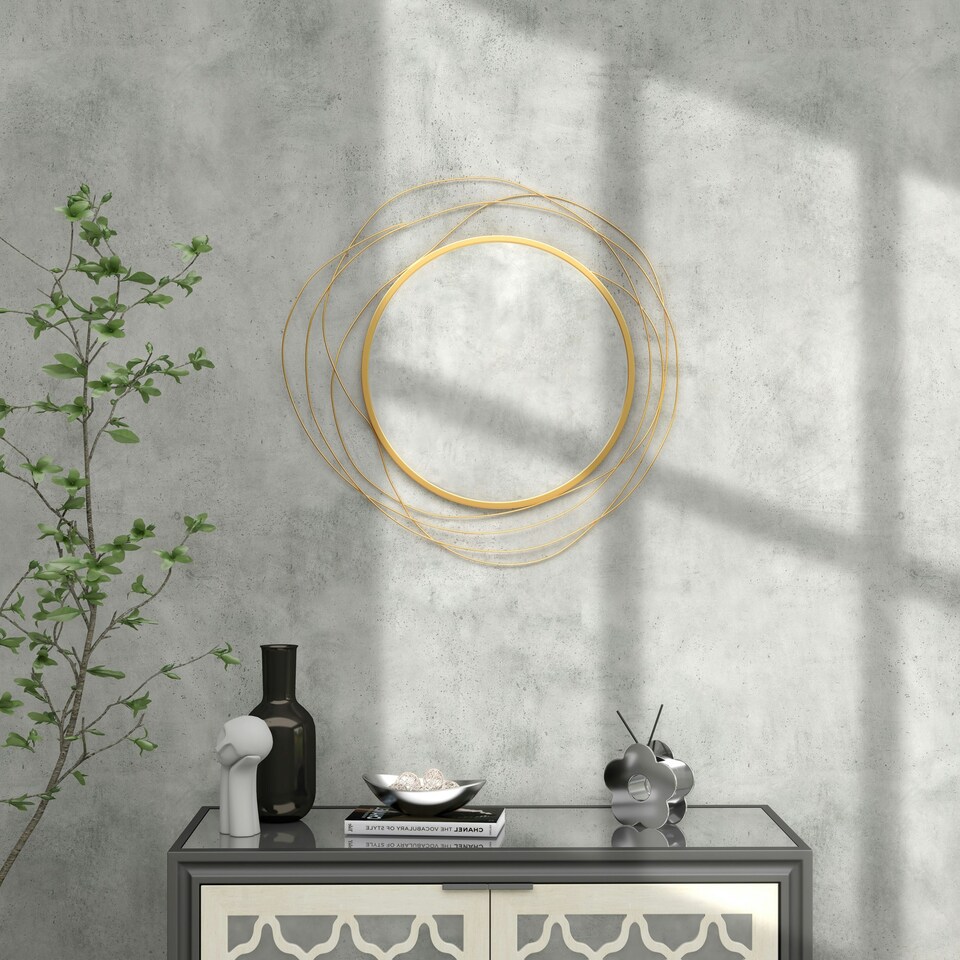image 1 of HOMCOM Metal Wall Art 65cm Round Mirror for Living Room Dining Room Gold Tone