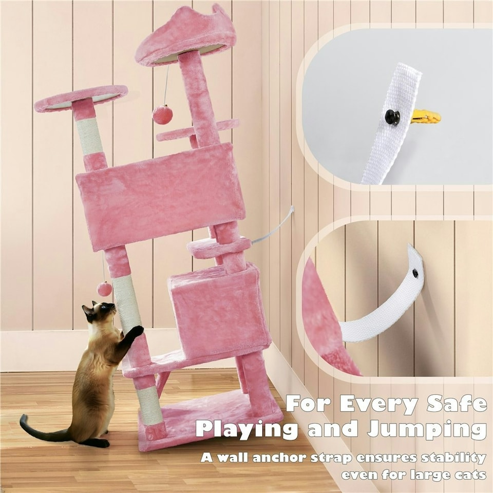 image 1 of Yaheetech 137cm Tall Cat Tree with Scratching Posts Pink