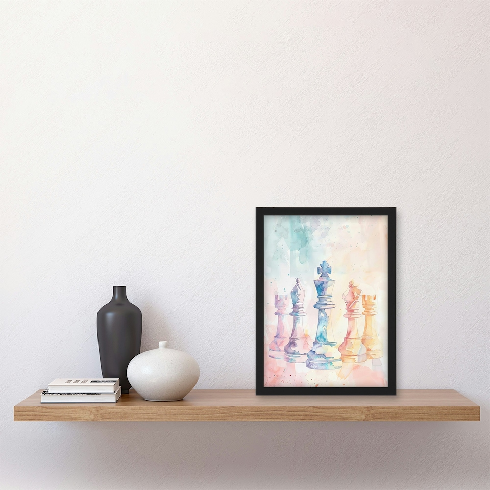 image 1 of Stylised Chess Pieces Light Pastel Home Decor Black Framed Wall Art Print A4