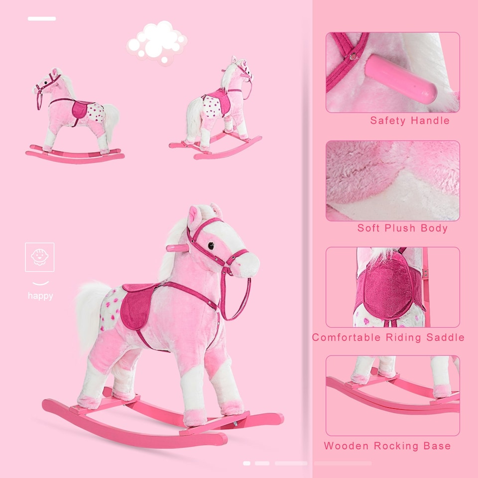 image 1 of HOMCOM Rocking Horse Toy Plush Wood Pony Riding Rocker Neigh Sound Pink