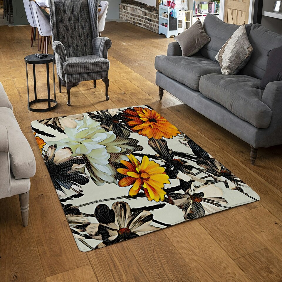 image 1 of Orange Flower Print (Rug) Orange | Small: 60x110cm