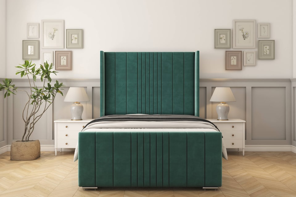 image 1 of Sloomy Hargrave Emerald Plush Bed Frame With 50"  Upholstered Wingback Headboard 6' Super King
