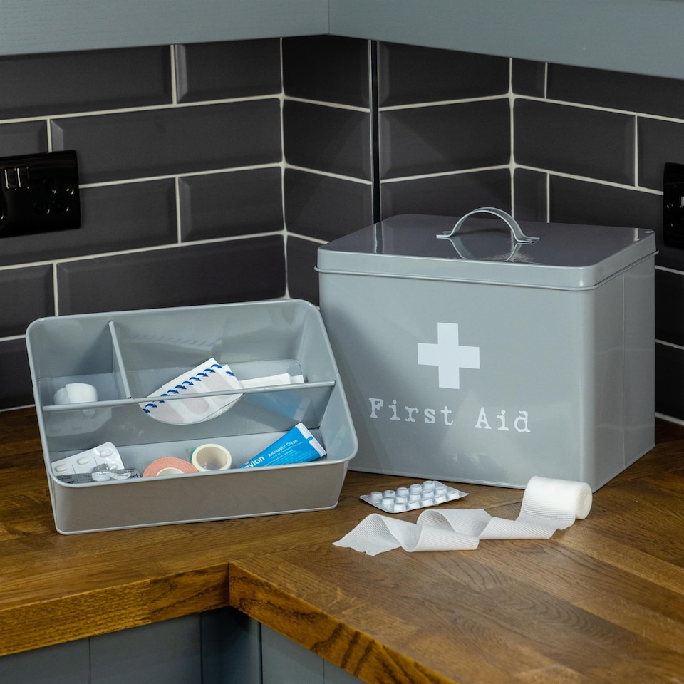 image 1 of Harbour Housewares Vintage Metal First Aid Box - 28cm - Grey | Grey | Grey | 1