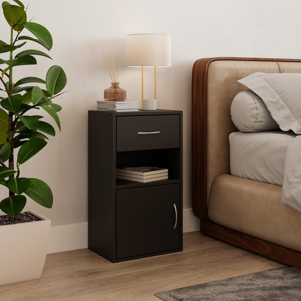 image 1 of 1-Drawer 1-Door Wooden Bedside Table | Black | Unit Colour: Black | 1