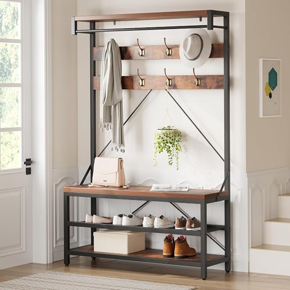 image 1 of London Boutique Hall Tree with Bench & 2-Tier Shoe Rack 102x40x183cm