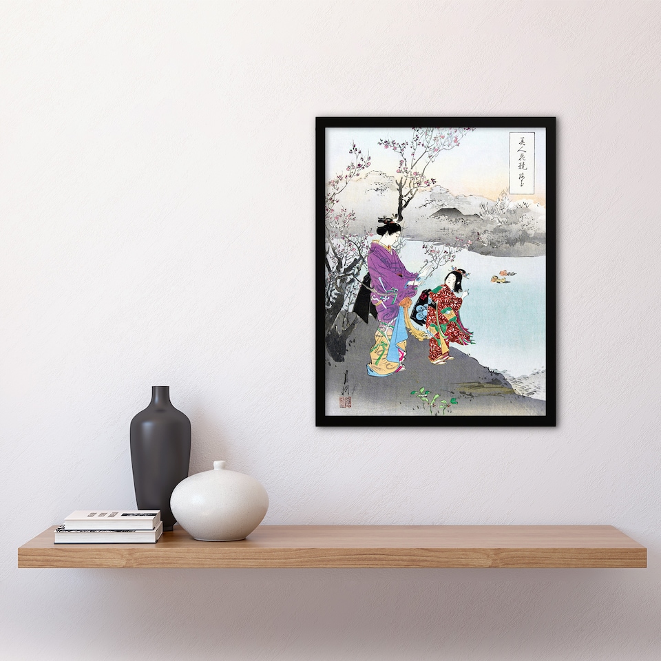 image 1 of Woman Admiring Plum Blossom Vintage Japan Framed Wall Art Print Gekko 12x16"