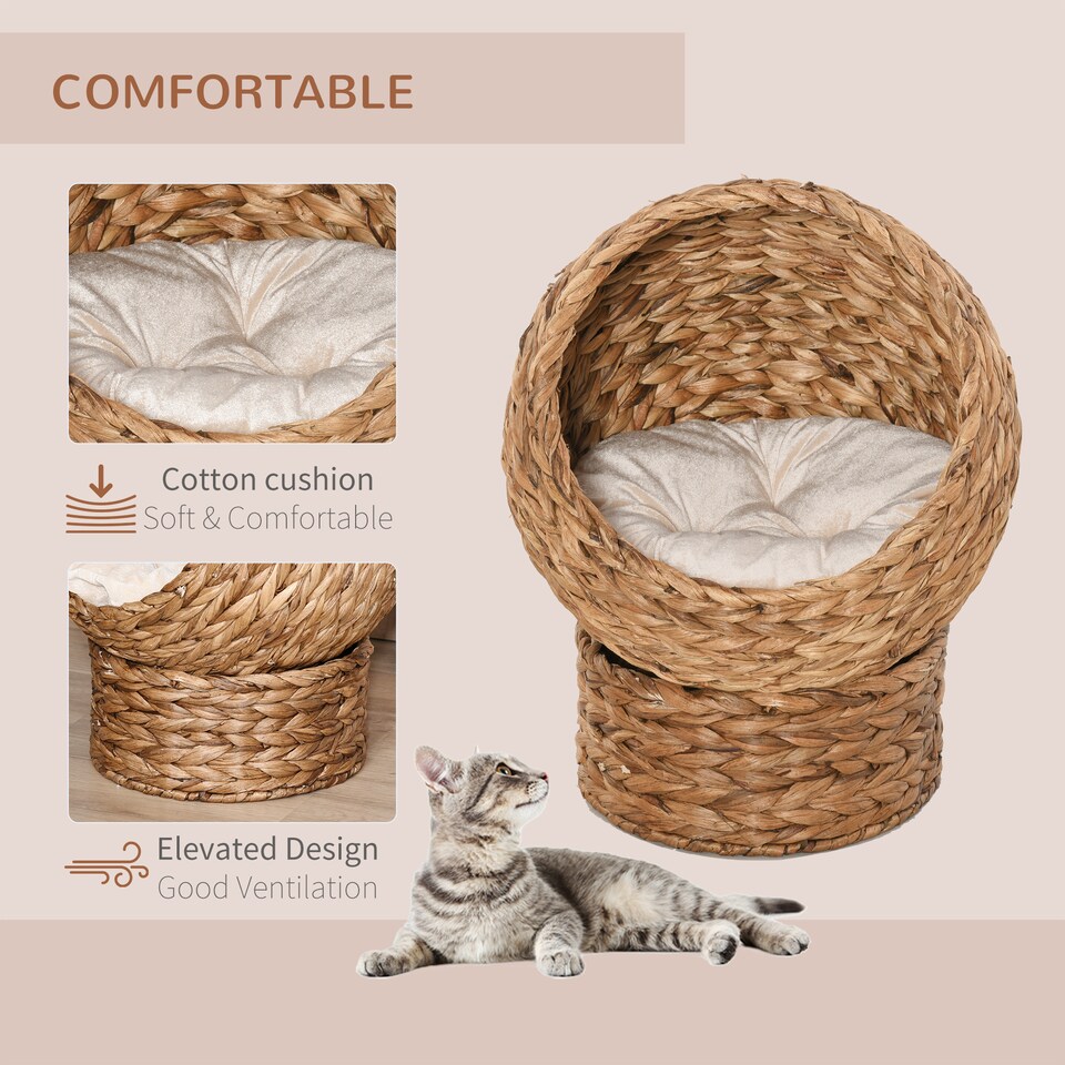 image 1 of PawHut Elevated Kitten Hooded Rattan Cat House Basket Cushion, 52x42x60cm Brown