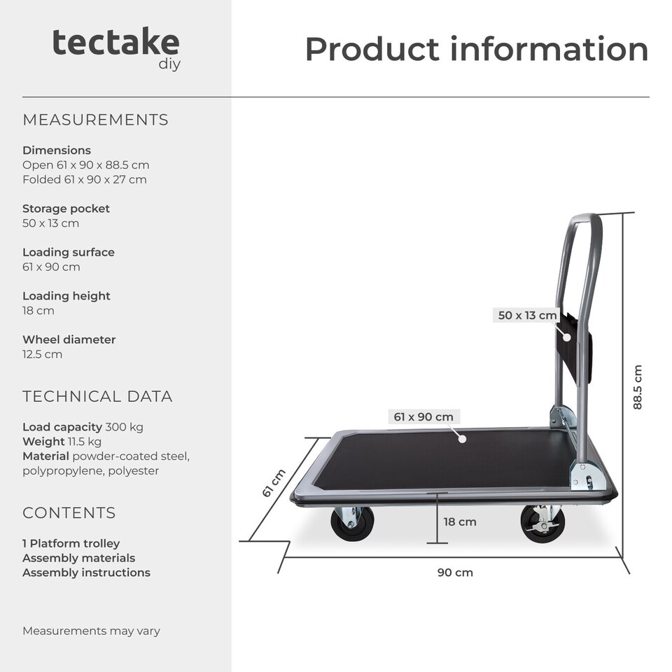 image 1 of Folding Trolley - foldable handle, 2 fixed, 2 swivel castors, rubberised edge protection | Black | black | 90 x 61 x 88,50 cm | 1