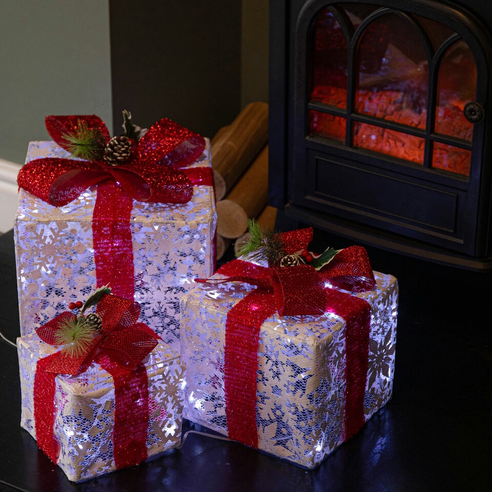 image 1 of Set of 3 Light up White Christmas Parcels with Red Bows & White LEDs