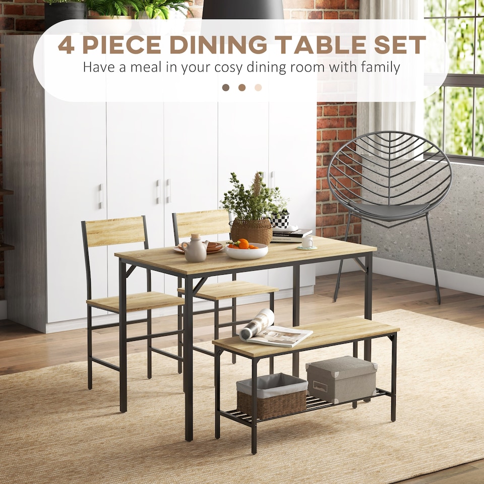 image 1 of HOMCOM 4 Piece Dining Table and Chairs Set, Industrial Kitchen Table Set of 4 with 2 Chairs and Bench, Space Saving Table and Chairs with Shelf for Small Spaces, Natural Wood Effect