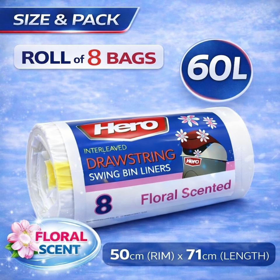 image 1 of Hero 60L Floral Scented Drawstring Bin Liners – Strong Tear Resistant White Refuse Sacks | Easy Dispense Roll of 8 for Home, Office & Commercial Use