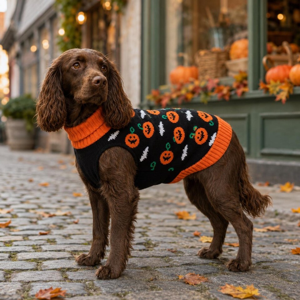 image 1 of Medium Halloween Pet Dog Jumper Black Orange Pumpkin Knitted Sweater 40cm