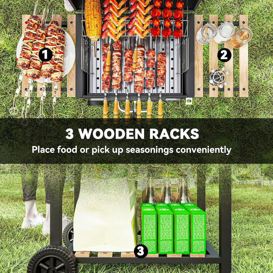 image 1 of Outsunny Charcoal BBQ Grill with Warming Rack 3 Shelves Temperature Gauge